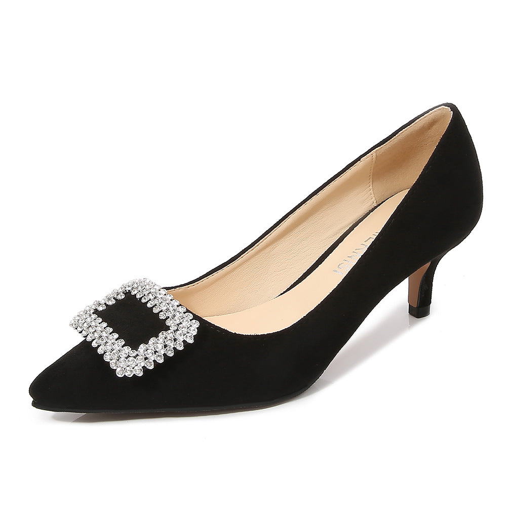 Ladies Pointed Toe Rhinestone Square Buckles Shallow Kitten Heel Pumps