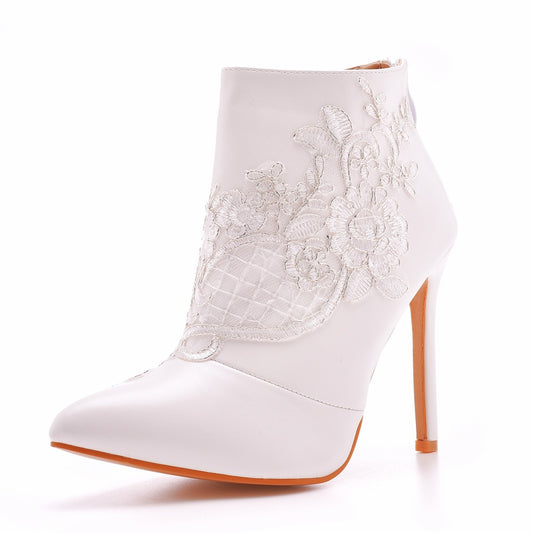 Women Stiletto Heel Pointed Toe Lace Wedding Short Boots