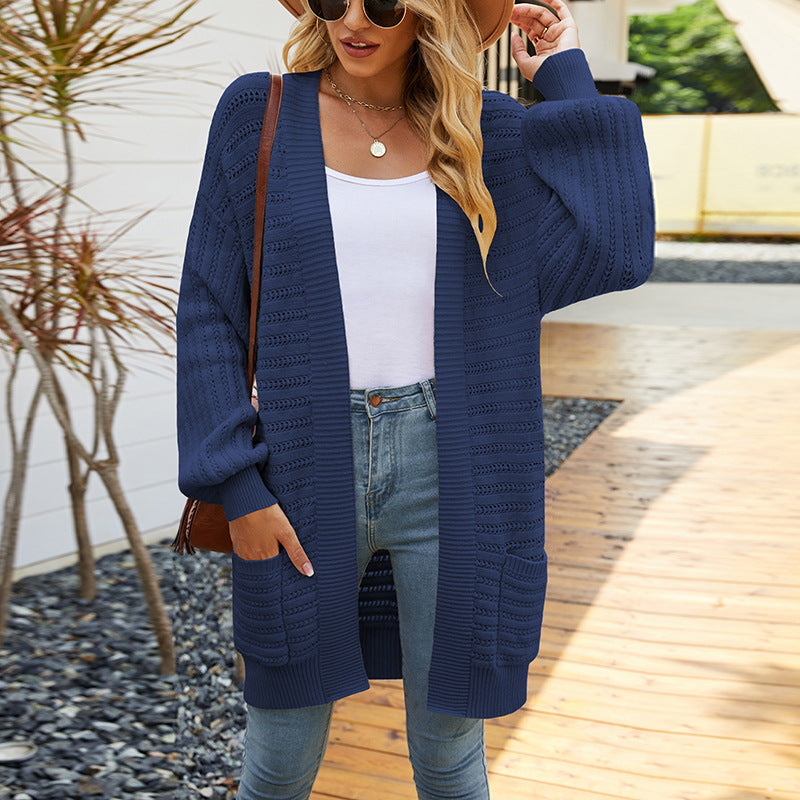Cardigans Kniting Plain Cuts Pockets Lantern Long Sleeves for Women