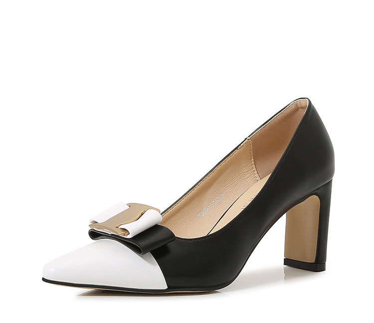 Ladies Bicolor Pointed Toe Bow Tie Shallow Chunky Heel Pumps