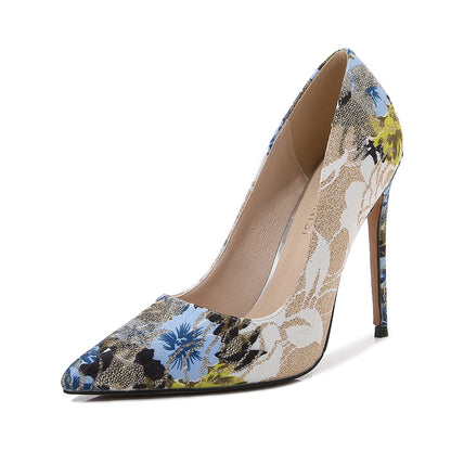 Ladies Embroidery Flora Pointed Toe Shallow Stiletto Heel Pumps