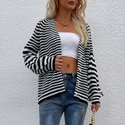 Cardigans Kniting Buttons Bicolor Stripes Long Sleeves for Women