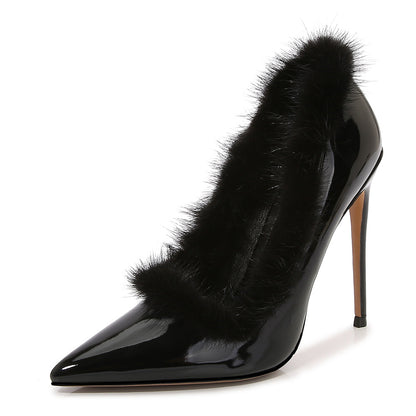 Ladies Pointed Toe Furry Shallow Stiletto Heel Pumps