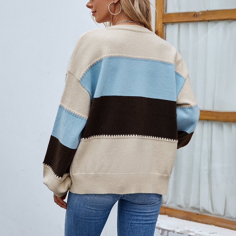 Cardigans Kniting Bicolor Color Blocking Buttons Lantern Sleeves for Women