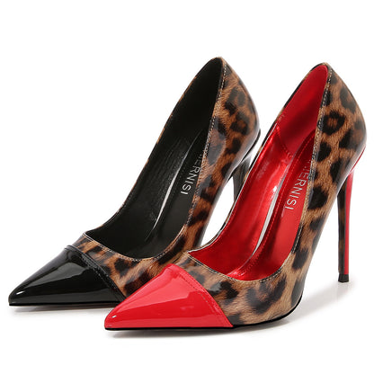 Ladies Bicolor Pointed Toe Leopard Print Shallow Stiletto Heel Pumps