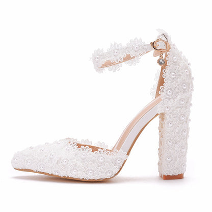 Women Lace Pointed Toe Block Heel Wedding Sandals