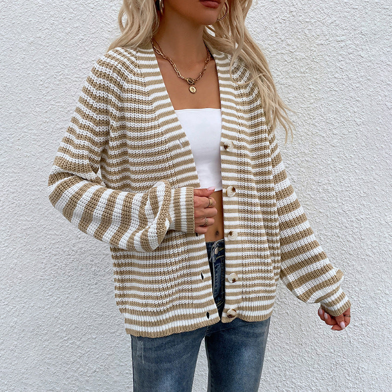 Cardigans Kniting Buttons Bicolor Stripes Long Sleeves for Women