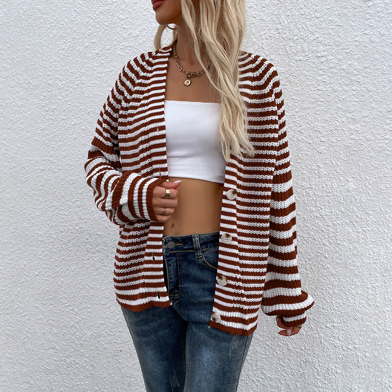 Cardigans Kniting Buttons Bicolor Stripes Long Sleeves for Women