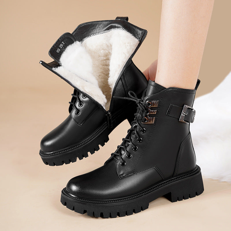 Ankle Boots Warm Fluff Lace-Up Thick Sole Booties for Women