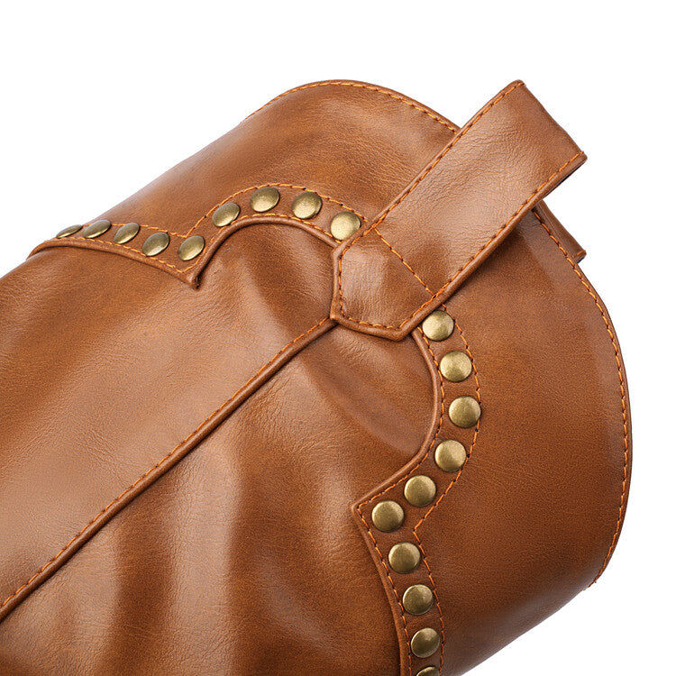 Women's Rivets Pointed Toe Block Heel Mid Calf Western Boots