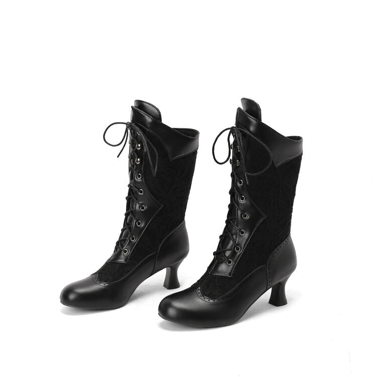 Women's Lace-Up Round Toe Hoof Heel Mid Calf Boots