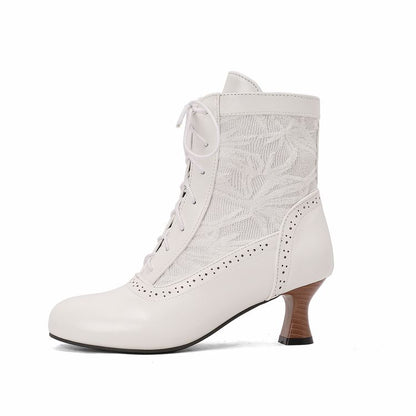 Women's Embroider Lace-Up Round Toe Hoof Heel Ankle Boots