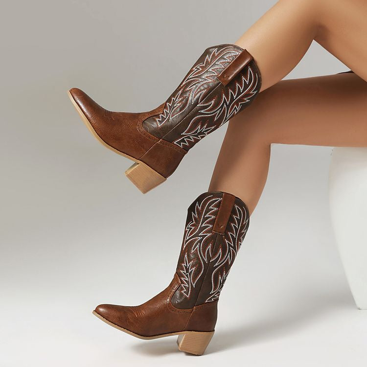 Women's Embroider Pointed Toe Low Heel Mid Calf Western Boots