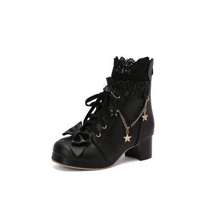 Women's Lace Bows Round Toe Square Heel Platform Ankle Boots