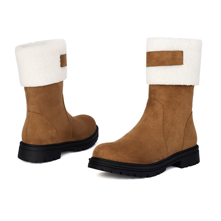 Women's Patchwork Plush Flat Mid Calf Snow Boots