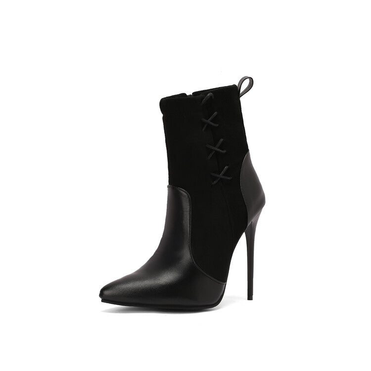 Women's Patchwork Pointed Toe Thin Heel Short Boots