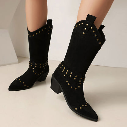 Women's Rivets Pointed Toe Square Heel Mid Calf Western Boots