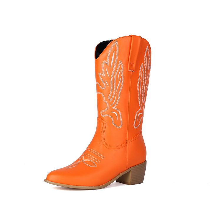 Women's Embroider Pointed Toe Low Heel Mid Calf Western Boots