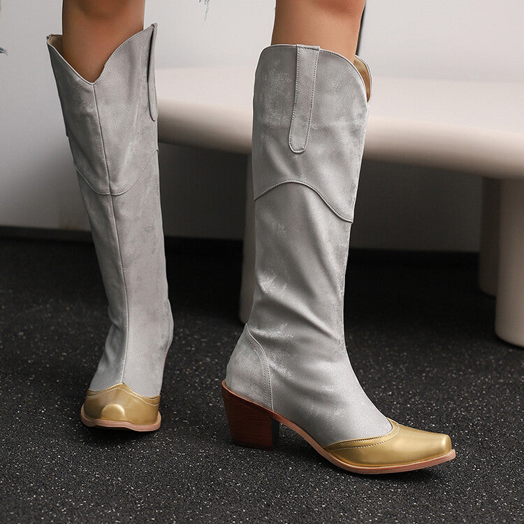 Women's Patchwork Pointed Toe Block Heel Knee High Western Boots