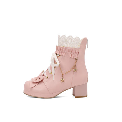 Women's Lace Bows Round Toe Square Heel Platform Ankle Boots