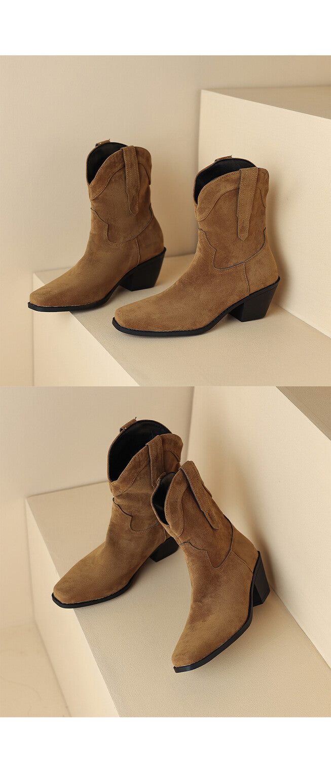 Women's Square Toe Block Heel Mid Calf Western Boots