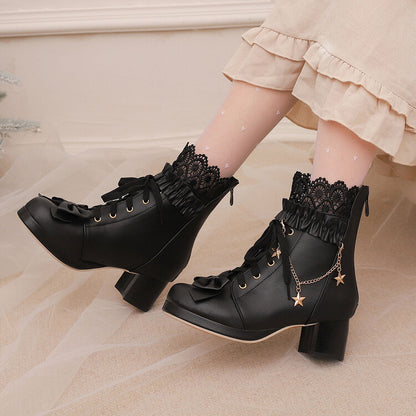 Women's Lace Bows Round Toe Square Heel Platform Ankle Boots