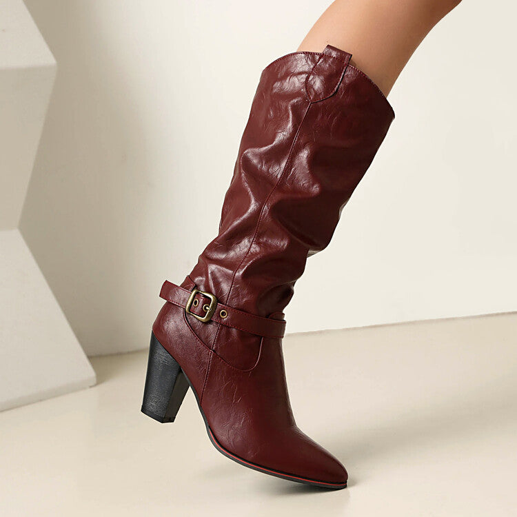 Women's Buckle Strap Pointed Toe Block Heel Knee High Western Boots