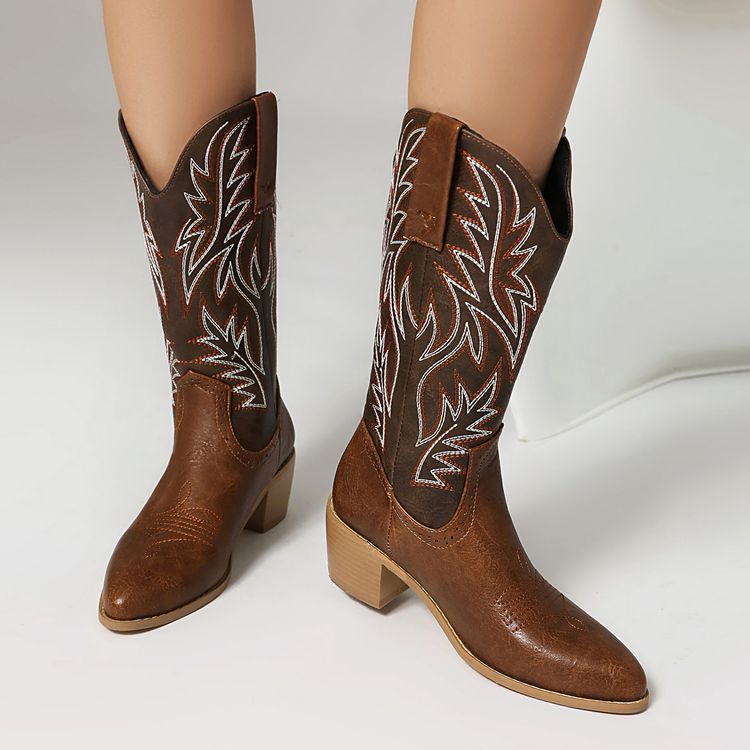 Women's Embroider Pointed Toe Low Heel Mid Calf Western Boots