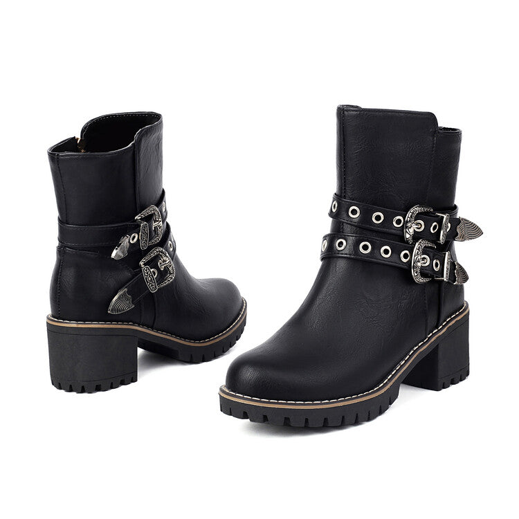 Women's Metal Decor Round Toe Square Heel Platform Short Boots