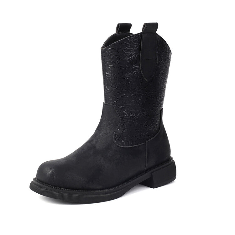 Women's Patchwork Round Toe Flat Platform Mid Calf Western Boots
