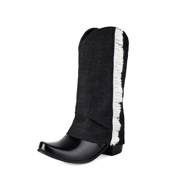 Women's  Patchwork Tassel Pointed Toe Square Heel  Western Boots
