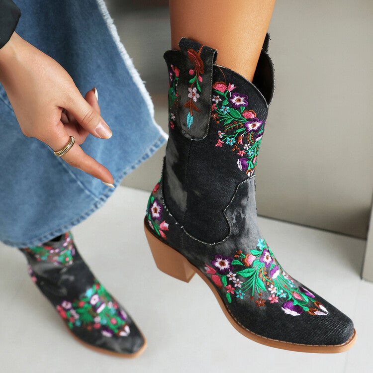 Women's Embroider Square Toe Block Heel Mid Calf Western Boots