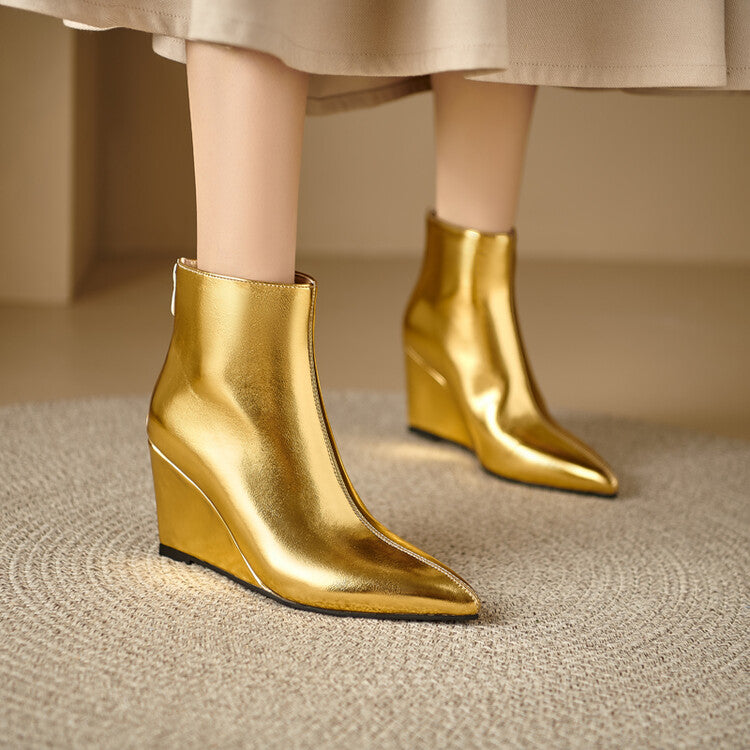 Women's Glossy Pointed Wedge Ankle Boots