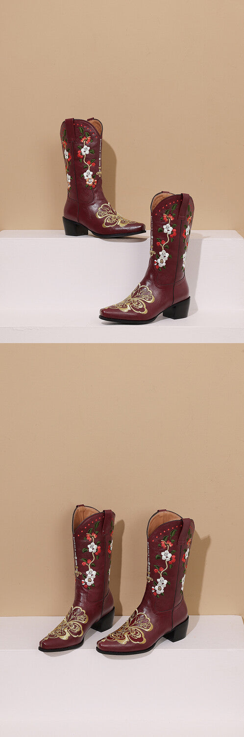 Women's Flowers Embroider Block Heel Western Boots