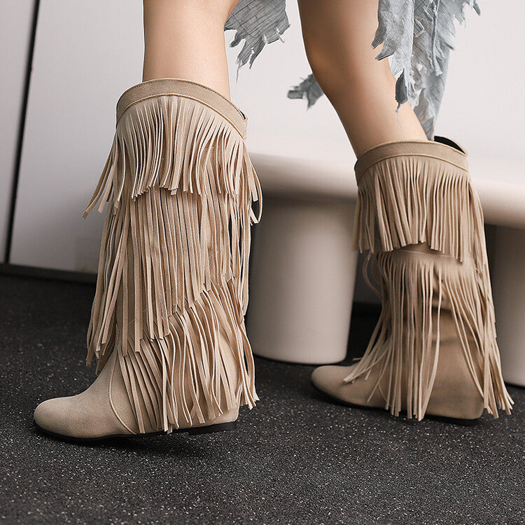 Women's Tassel Round Toe Wedge Heel Mid Calf Boots