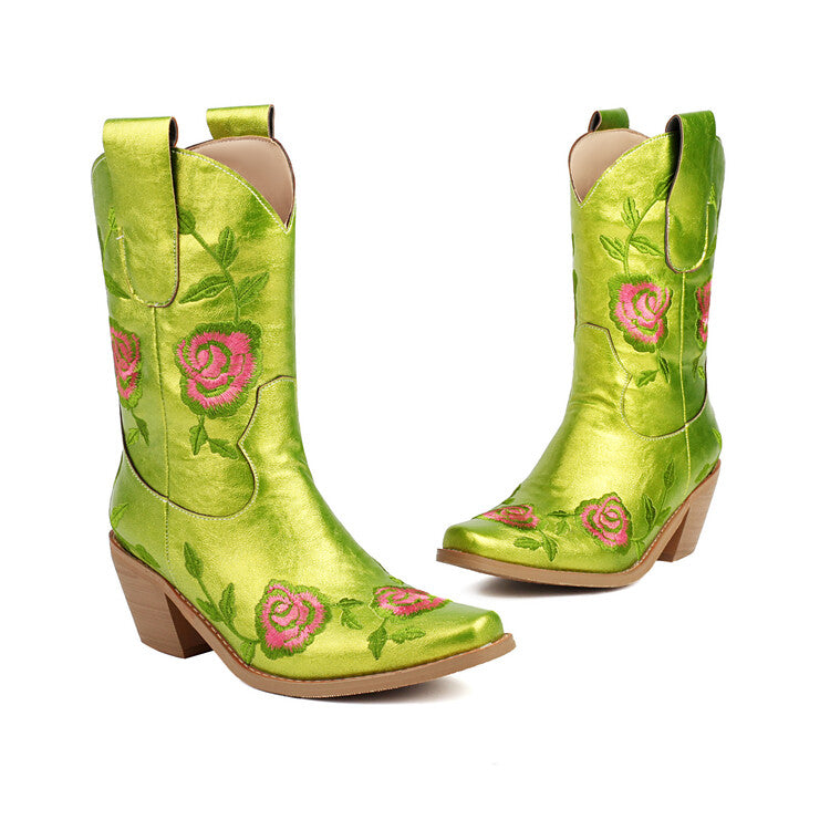 Women's Floral Embroider Square Toe Block Heel Mid Calf Western Boots