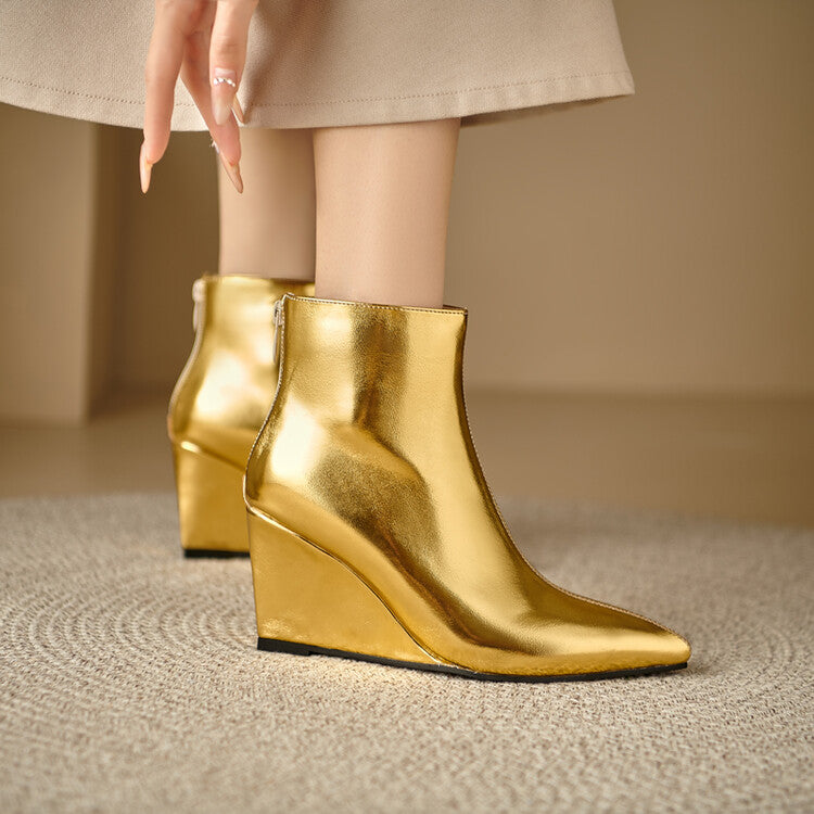 Women's Glossy Pointed Wedge Ankle Boots