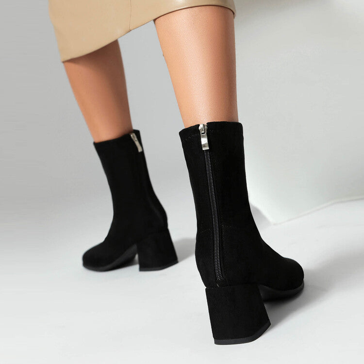 Women's Velvet Square Toe Block Heel Short Boots