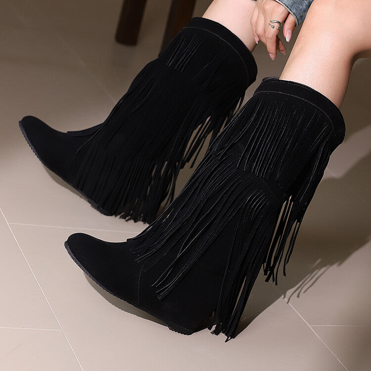 Women's Tassel Round Toe Wedge Heel Mid Calf Boots
