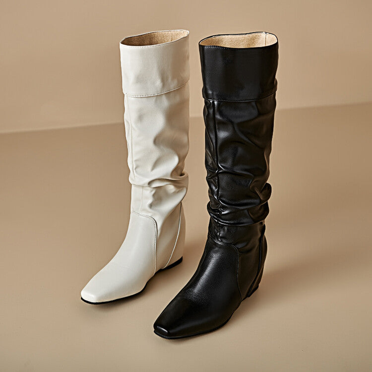 Women's Pleated Square Toe Increased Internal Wedge Heel Knee High Boots
