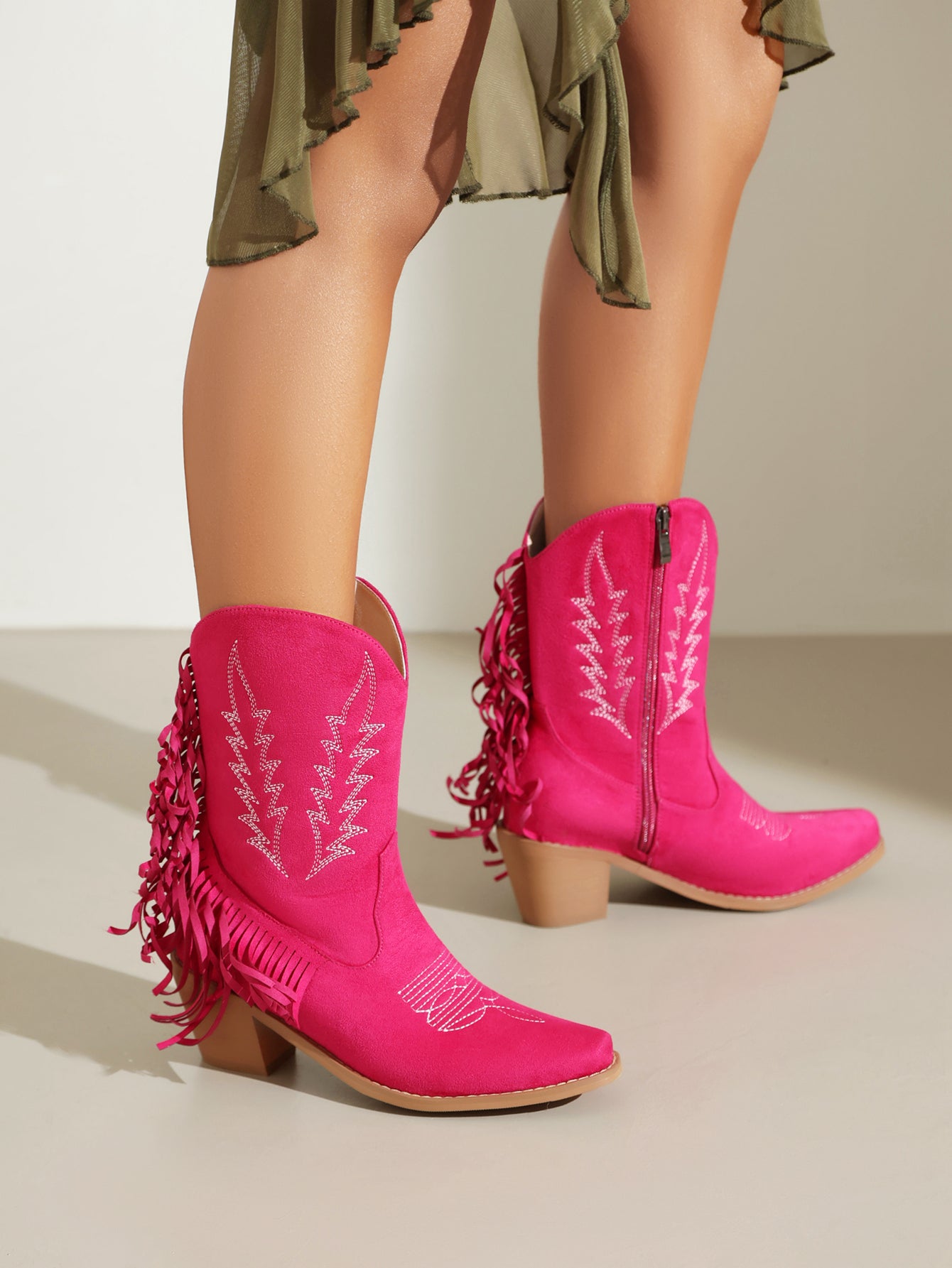 Women's Embroider Tassel Block Heel Mid Calf Western Boots