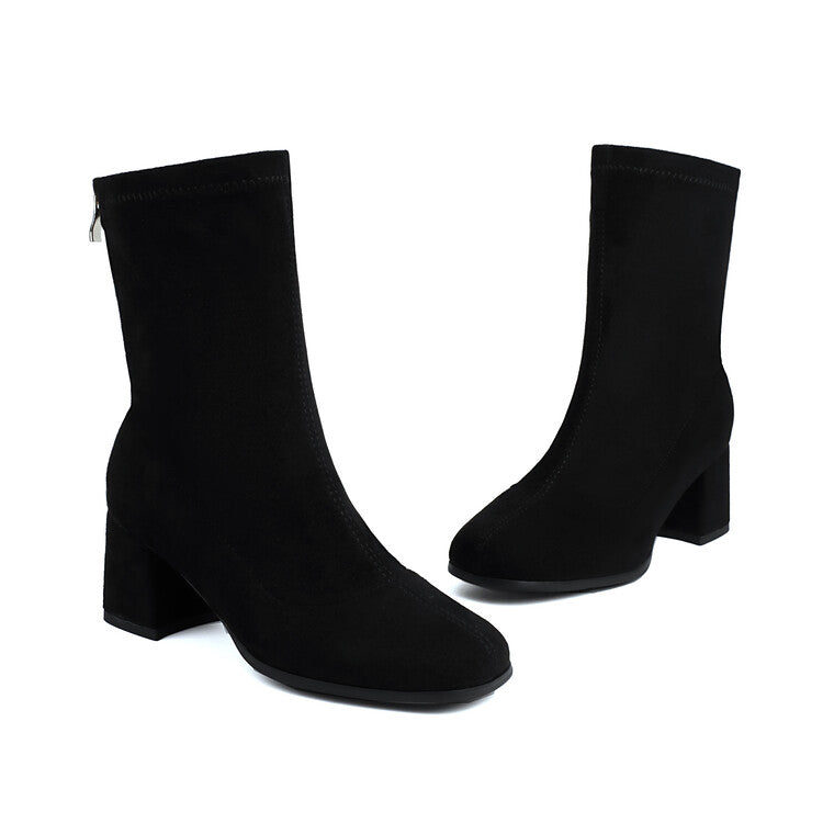 Women's Velvet Square Toe Block Heel Short Boots