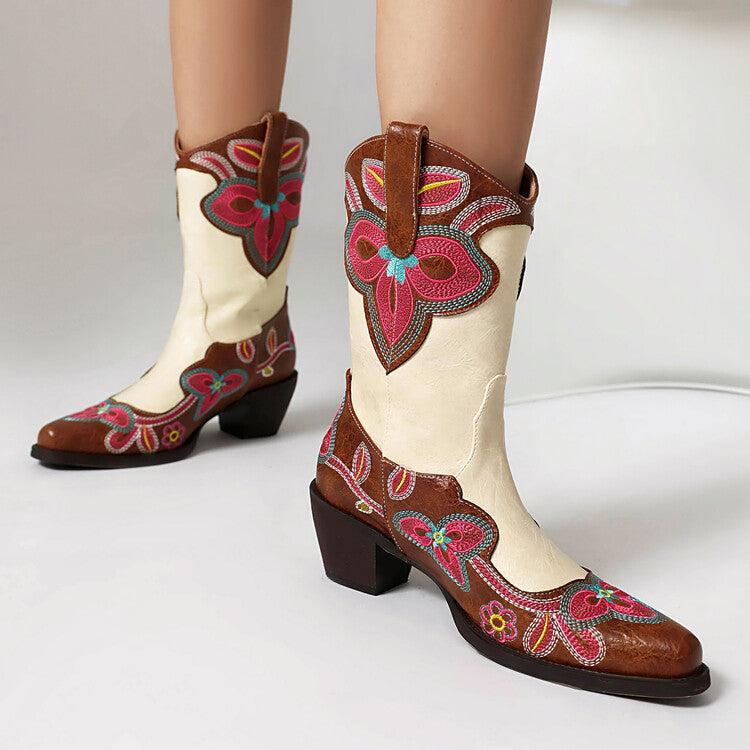 Women's Embroider Pointed Toe Block Heel Mid Calf Western Boots