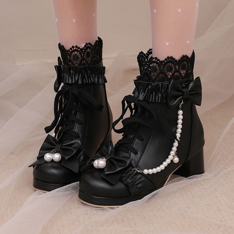 Women's Lace Bows Round Toe Block Heel Platform Ankle Boots