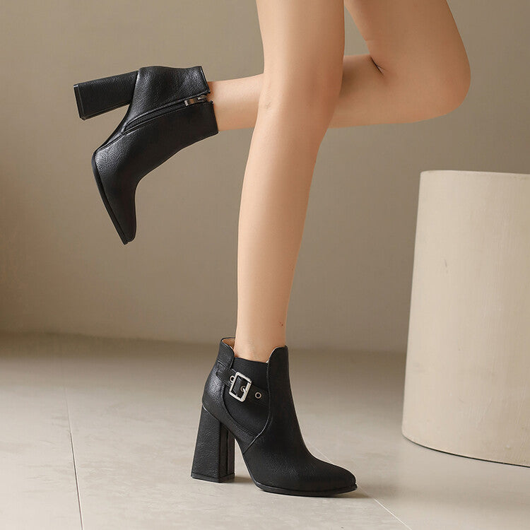 Women's Buckle Strap Pointed Toe Block Heel Ankle Boots