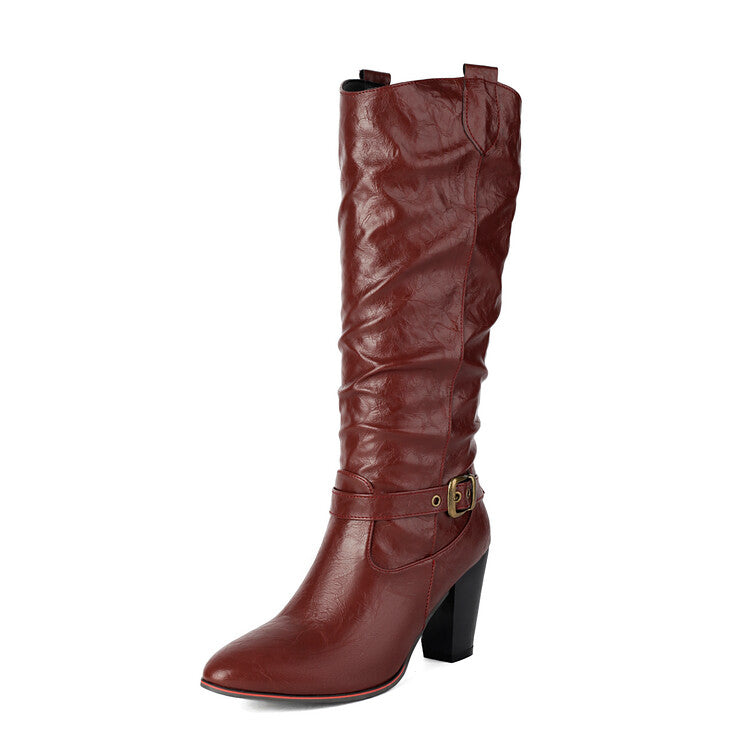 Women's Buckle Strap Pointed Toe Block Heel Knee High Western Boots