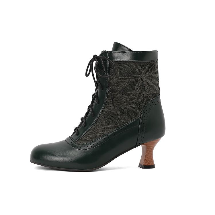 Women's Embroider Lace-Up Round Toe Hoof Heel Ankle Boots