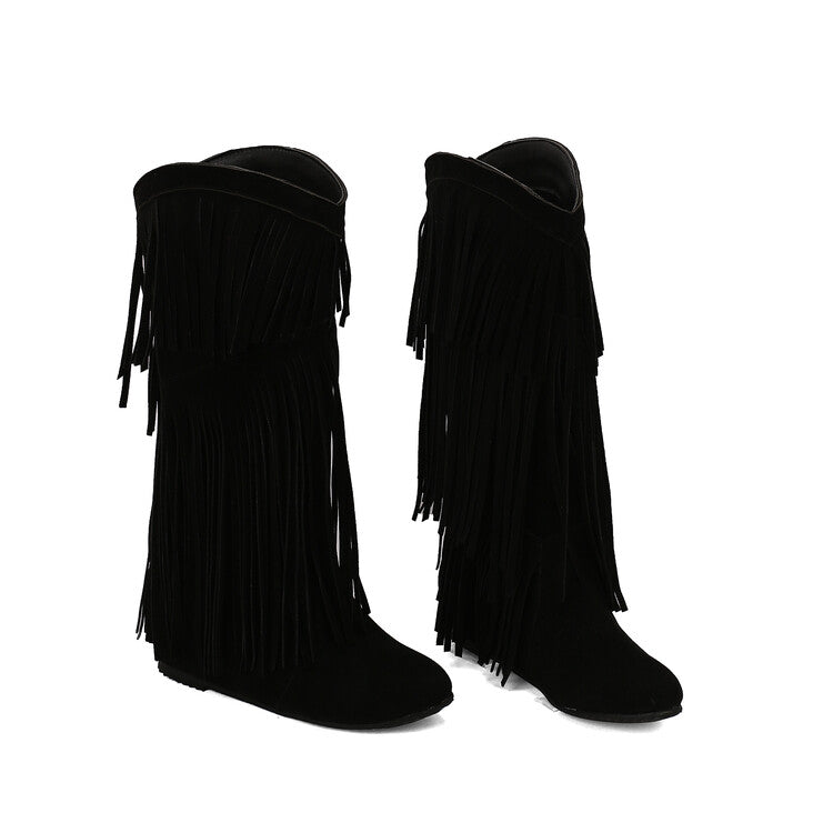 Women's Tassel Round Toe Wedge Heel Mid Calf Boots