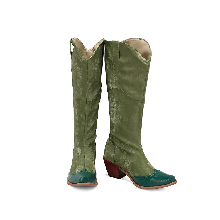 Women's Patchwork Pointed Toe Block Heel Knee High Western Boots