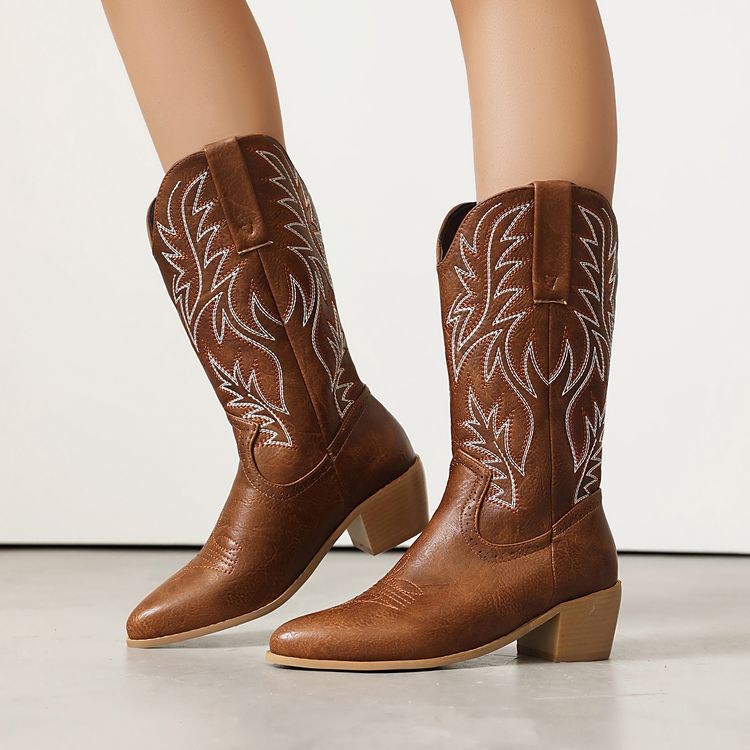 Women's Embroider Pointed Toe Low Heel Mid Calf Western Boots